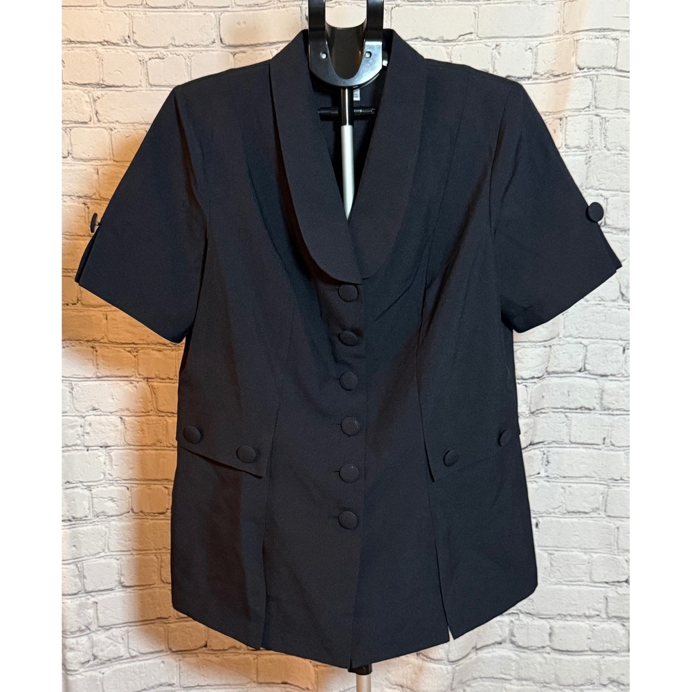 Roamans Womens 14W Black Short Sleeve Shawl Collar Button Front Blazer Top